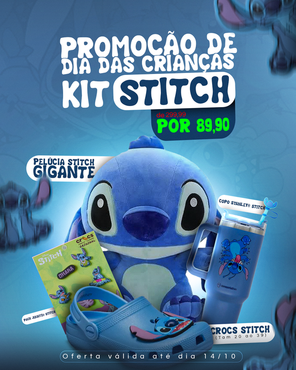 KIT STITCH DIA DAS CRIANÇAS - PELÚCIA GIGANTE STITCH, 1 COPO STANLEY, 1 CROCS E 1 PACK DE JIBBITZ